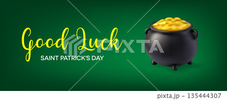 Good Luck text, Saint Patricks Day banner with gold pot and yellow lettering on green background 135444307