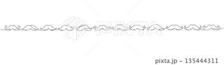 Large moustache border in continuous line style. Minimal one line vector mustaches row for trendy hipster posters, barbershop logos and modern decorative design. 135444311