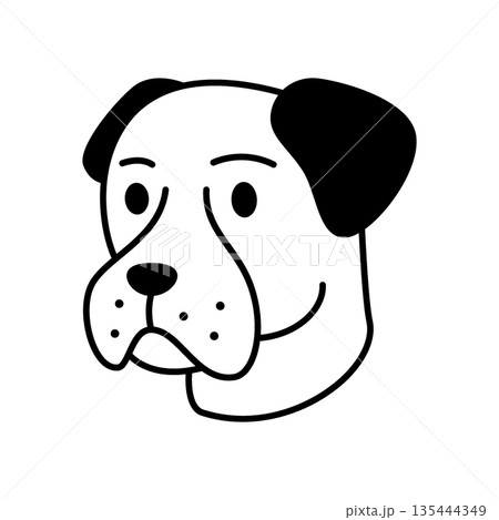 Boxer dog face cartoon with wrinkled muzzle and dark ears. Vector outline pet head Boxer dog face cartoon with wrinkled muzzle and dark ears. Vector outline pet head 135444349