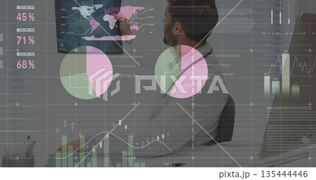 Examining physician wearing lab coat and stethoscope reviewing data charts at desk, copy space 135444446