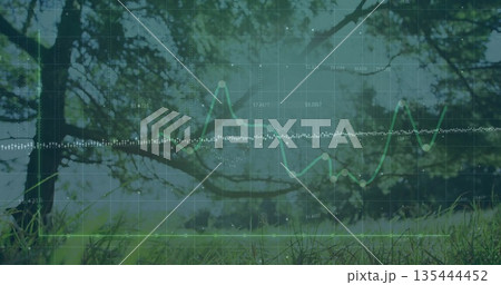 Green line graph fluctuating in forest clearing, with grid overlay, markers, trendline and labels 135444452