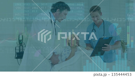 Reviewing patient vitals doctor and nurse leaning over hospital bed with stethoscopes and charts Reviewing patient vitals doctor and nurse leaning over hospital bed with stethoscopes and charts 135444453
