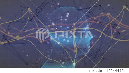 Displaying 3D mesh head linking data nodes with lines in virtual network, with floating data icons 135444464
