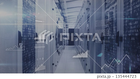 Showing server rack aisle running through data center, with blinking LEDs and digital overlays 135444723
