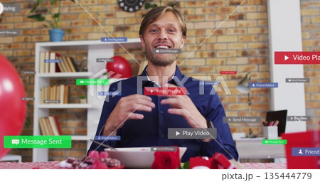 Streaming man presenting live at home studio, with red balloons, gift boxes, UI labels Streaming man presenting live at home studio, with red balloons, gift boxes, UI labels 135444779