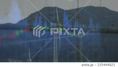 Displaying financial chart overlay over lakeside water, with grid, candlestick bars, histogram Displaying financial chart overlay over lakeside water, with grid, candlestick bars, histogram 135444821