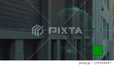 Displaying brick grid and windows on facade with green waveform, particle cloud and square overlay Displaying brick grid and windows on facade with green waveform, particle cloud and square overlay 135444847