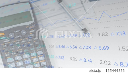 Displaying calculator lying left on office desk, with pen crossing financial report, copy space Displaying calculator lying left on office desk, with pen crossing financial report, copy space 135444853