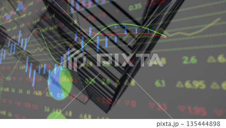 Showing 3D staircase with blue candlesticks, green or red line graph and numeric markers on dashboar 135444898
