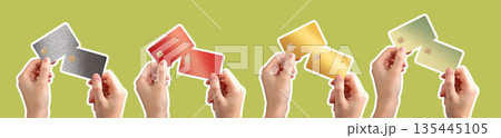 Bank card in hand chip close up. Modern plastic set in diverse colors for shopping, purchase and Bank card in hand chip close up. Modern plastic set in diverse colors for shopping, purchase and 135445105