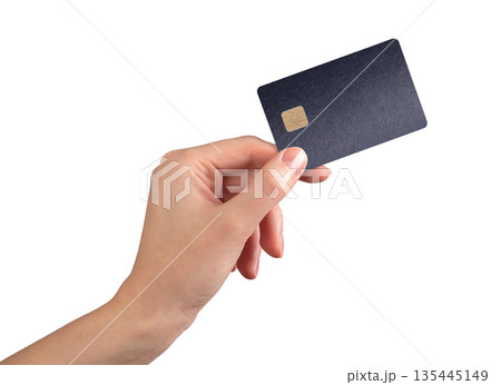 Bank card in hand transfer close up. Plastic chip debit or credit for shopping, purchase and buy 135445149
