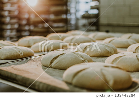 Dessert bread baking in oven. Production oven at the bakery. Baking bread. 135445284