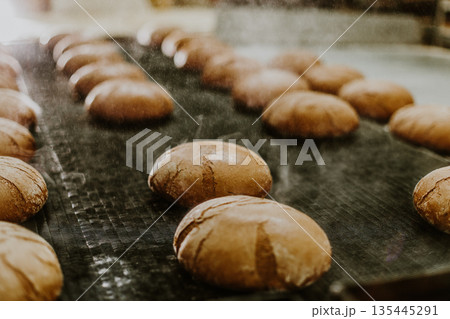 Fresh buns from the oven. Conveyor with bread. Baking bread. Workshop for production of bread. White bread in the oven. Hot buns. Confectionery. 135445291