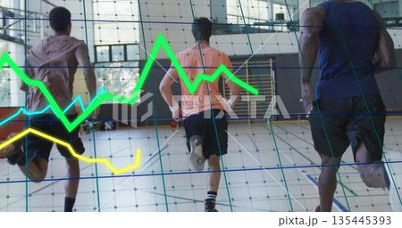 Sprinting three athletes in sportswear across gym basketball court, with colored performance graphs Sprinting three athletes in sportswear across gym basketball court, with colored performance graphs 135445393