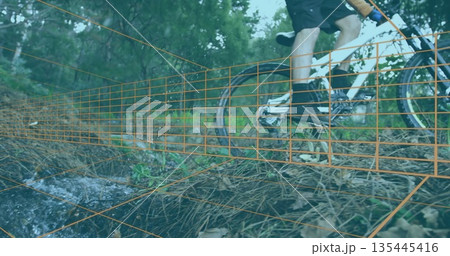 Splashing male cyclist wearing sportswear pedaling through forest stream on white bike, copy space Splashing male cyclist wearing sportswear pedaling through forest stream on white bike, copy space 135445416