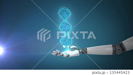 Displaying robotic arm holding glowing holographic DNA helix in virtual lab, with lens flare 135445423