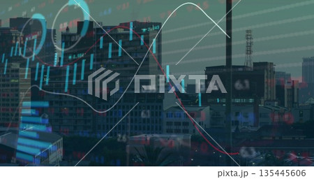 Displaying candlestick bars and trend lines overlaying urban skyline at dusk, with numeric labels Displaying candlestick bars and trend lines overlaying urban skyline at dusk, with numeric labels 135445606