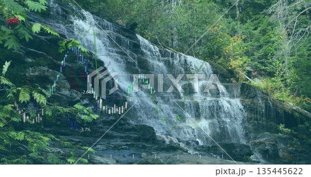 Flowing waterfall over rock ledges at forest stream with chart overlays and red berry branches 135445622