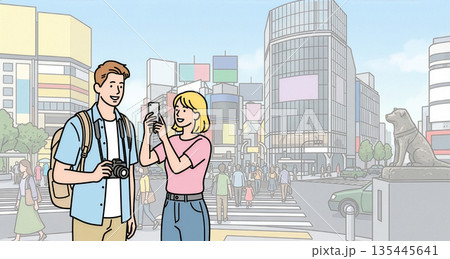 渋谷のスクランブル交差点で観光を楽しむ外国人カップルのイラスト 135445641