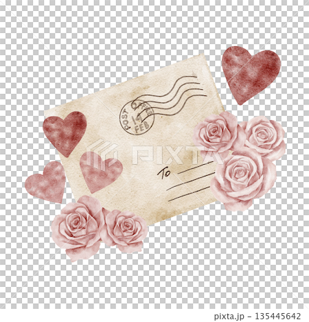 A vintage beige postcard with pink roses and small hearts forms this watercolor illustration, ideal for Valentine cards, floral printable sets, digital stationery, packaging accents, and gift designs 135445642