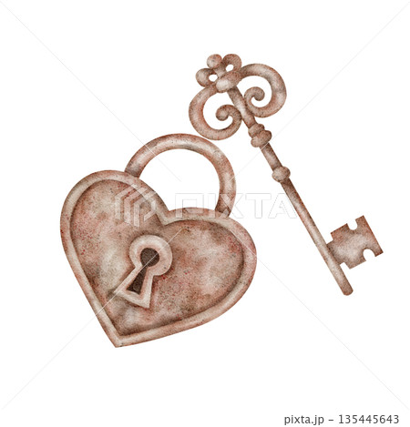A heart-shaped lock and vintage key in warm brown tones form this watercolor illustration, great for Valentine branding, retro card designs, digital planners, printable crafts 135445643