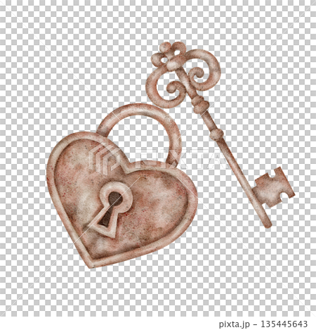 A heart-shaped lock and vintage key in warm brown tones form this watercolor illustration, great for Valentine branding, retro card designs, digital planners, printable crafts 135445643