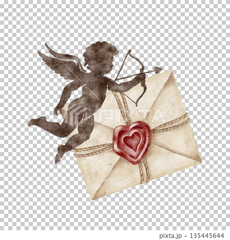 A brown cupid figure with a heart-sealed envelope is shown in this watercolor illustration, ideal for Valentine card collections, retro printable kits, scrapbook pages, gift tag sets A brown cupid figure with a heart-sealed envelope is shown in this watercolor illustration, ideal for Valentine card collections, retro printable kits, scrapbook pages, gift tag sets 135445644