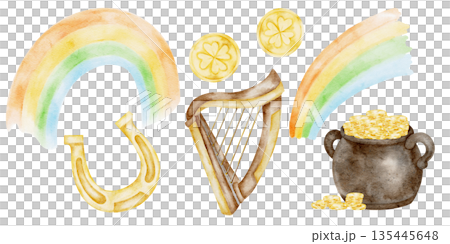 Rainbow, harp, pot of gold and horseshoe set in soft green and gold tones, hand painted watercolor clipart. Perfect for St Patricks Day design bundles, cards, posters 135445648