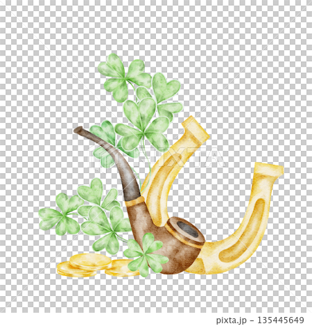 Golden horseshoe with tree branch, shamrocks and gold coins, hand painted watercolor clipart. Great for St Patricks Day posters, greeting cards, folklore designs, scrapbooking 135445649