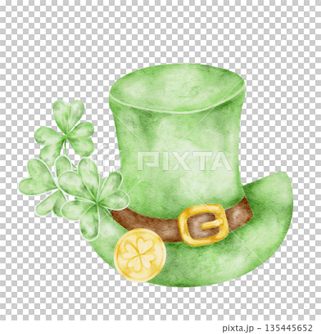 Green leprechaun hat with gold buckle and shamrock accents, hand painted watercolor clipart. Ideal for St Patricks Day cards, party invitations, stickers, apparel graphics, planners 135445652