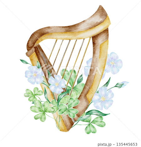 Irish harp decorated with shamrocks and blue flax blossoms, hand painted watercolor illustration. Suitable for St Patricks Day cultural graphics, posters, greeting cards, apparel prints Irish harp decorated with shamrocks and blue flax blossoms, hand painted watercolor illustration. Suitable for St Patricks Day cultural graphics, posters, greeting cards, apparel prints 135445653