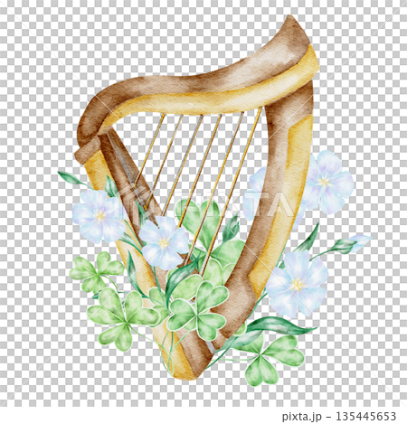 Irish harp decorated with shamrocks and blue flax blossoms, hand painted watercolor illustration. Suitable for St Patricks Day cultural graphics, posters, greeting cards, apparel prints Irish harp decorated with shamrocks and blue flax blossoms, hand painted watercolor illustration. Suitable for St Patricks Day cultural graphics, posters, greeting cards, apparel prints 135445653