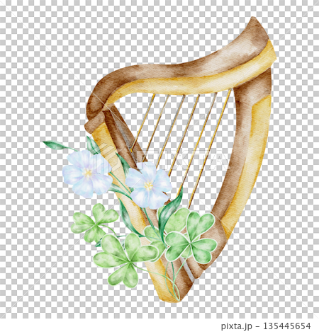 Traditional Irish harp with green shamrocks and blue flax flowers, hand painted watercolor clipart. Great for St Patricks Day posters, music themed designs, cultural events, invitations 135445654