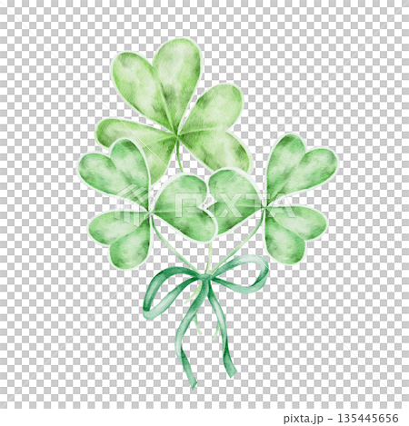Green shamrock plant tied with green ribbon, hand painted watercolor clipart. Perfect for St Patricks Day stationery, greeting cards, party invitations, stickers, apparel Green shamrock plant tied with green ribbon, hand painted watercolor clipart. Perfect for St Patricks Day stationery, greeting cards, party invitations, stickers, apparel 135445656