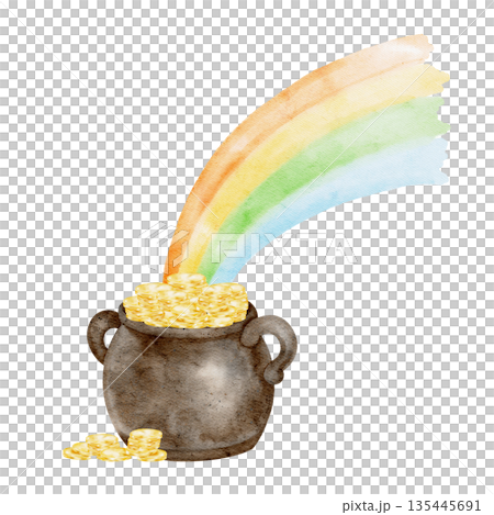 Pot of gold with flowing rainbow, hand painted watercolor clipart featuring Irish folklore symbols. Ideal for St Patricks Day decorations, greeting cards, posters, scrapbooking, apparel Pot of gold with flowing rainbow, hand painted watercolor clipart featuring Irish folklore symbols. Ideal for St Patricks Day decorations, greeting cards, posters, scrapbooking, apparel 135445691