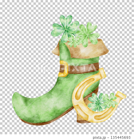 Green leprechaun boot with shamrocks and gold buckle accents, hand painted watercolor clipart. Great for St Patricks Day invitations, kids crafts, stickers, greeting cards Green leprechaun boot with shamrocks and gold buckle accents, hand painted watercolor clipart. Great for St Patricks Day invitations, kids crafts, stickers, greeting cards 135445693