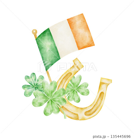 Green, white and orange Irish flag with golden horseshoe and shamrock cluster, hand painted watercolor clipart. Perfect for St Patricks Day decorations, greeting cards, flyers, apparel 135445696