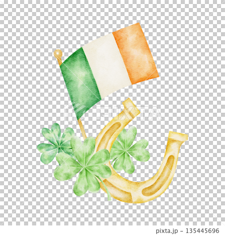 Green, white and orange Irish flag with golden horseshoe and shamrock cluster, hand painted watercolor clipart. Perfect for St Patricks Day decorations, greeting cards, flyers, apparel Green, white and orange Irish flag with golden horseshoe and shamrock cluster, hand painted watercolor clipart. Perfect for St Patricks Day decorations, greeting cards, flyers, apparel 135445696