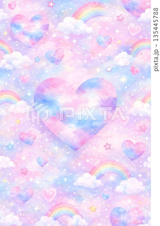 ゆめかわいいパステルハートと虹の背景イラスト 135445788