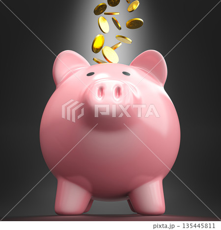 Pink piggy bank receiving gold coins 3d Pink piggy bank receiving gold coins 3d 135445811