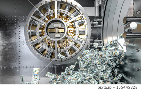 Bank vault door opening, money falling out 3d 135445828