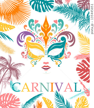 Carnival mask with palm leaves. Festive background. Hand drawn. Not AI, vector illustration Carnival mask with palm leaves. Festive background. Hand drawn. Not AI, vector illustration 135445851