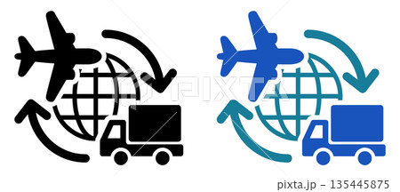 地球・飛行機・トラックで表す国際物流と輸送切替アイコン 地球・飛行機・トラックで表す国際物流と輸送切替アイコン 135445875