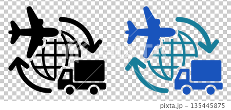地球・飛行機・トラックで表す国際物流と輸送切替アイコン 地球・飛行機・トラックで表す国際物流と輸送切替アイコン 135445875