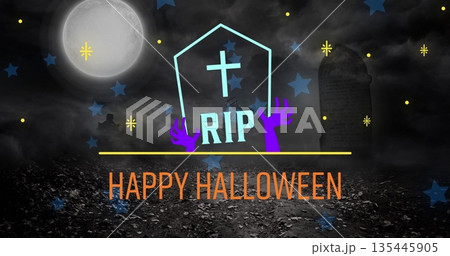 Image of happy halloween and rip text on tombstone with stars and full moon on black background Image of happy halloween and rip text on tombstone with stars and full moon on black background 135445905