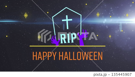 Image of happy halloween and rip text on tombstone with stars and full moon on black background 135445907