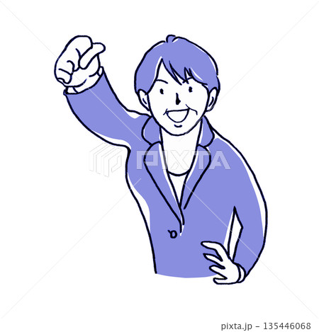ガッツポーズするミドルビジネスウーマン【鉛筆画青系】 135446068