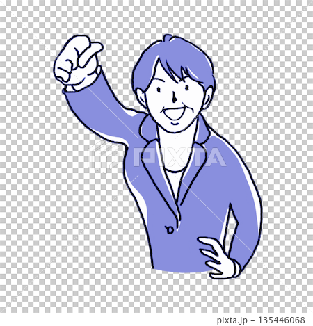 ガッツポーズするミドルビジネスウーマン【鉛筆画青系】 135446068