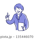 説明するミドルビジネスウーマン【鉛筆画青系】 135446070