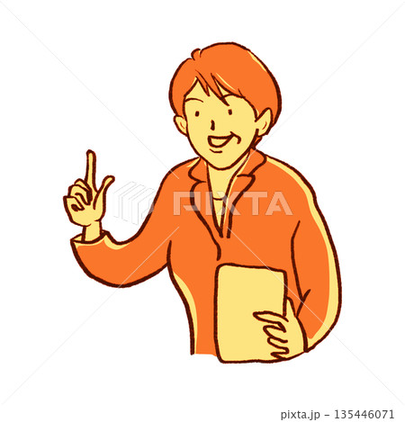 説明するミドルビジネスウーマン【鉛筆画黄系】 135446071